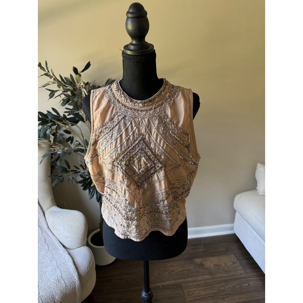 Ecote Urban Outfitters Beaded Sequin Crop Top Tan Silver Art Deco Boho Large